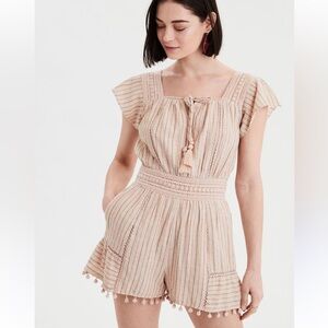 American Eagle Women's Peach Striped‎ Pom Pom Romper Boho Sz XXL Spring Vacation